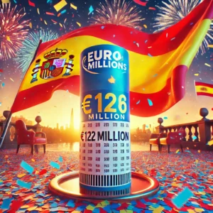 Dall·e 2024 09 07 13.44.44 A Vibrant Scene Capturing The Excitement Of A Possible Record Euromillions Lottery Win In Spain. The Image Shows A Colorful Euromillions Ticket With A