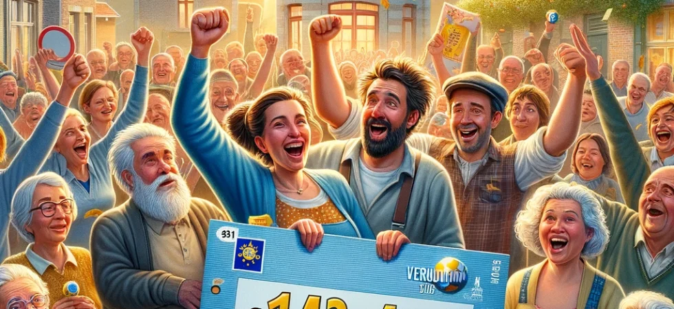 Dall·e 2024 09 07 13.58.28 A Celebratory Scene Of Residents From A Small Belgian Village Rejoicing After Winning A €143 Million Euromillions Jackpot. The Image Shows A Group Of