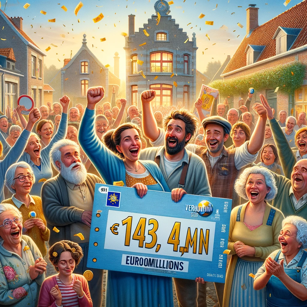 Dall·e 2024 09 07 13.58.28 A Celebratory Scene Of Residents From A Small Belgian Village Rejoicing After Winning A €143 Million Euromillions Jackpot. The Image Shows A Group Of